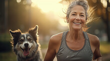 A Healthy Woman Is Running For Exercise With Dog At Park In The Morning. 