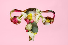 Uterus Made Of Paper And Beautiful Flowers On Pink Background