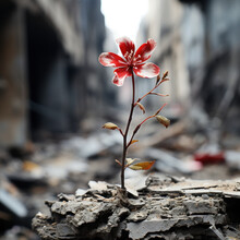 A Tiny Red Flower Over A Gray Concrete Wall 

