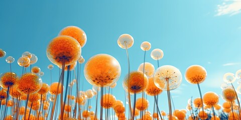 Orange globe flowers in blue sunny sky.