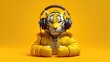 Cute Cartoon tiger in headphones on a yellow background