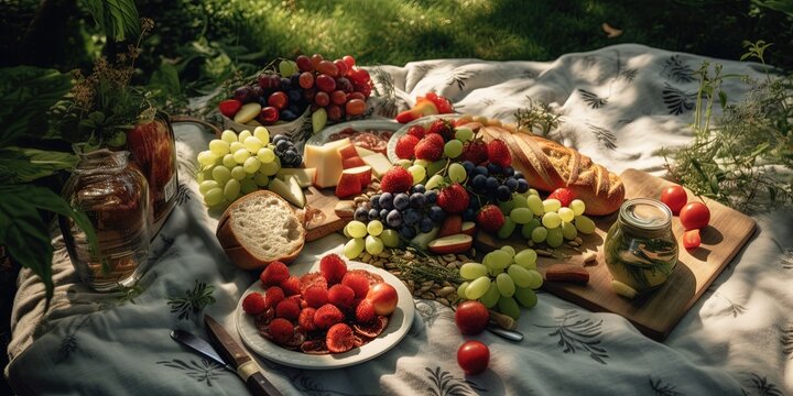 Picnic dinner on a blanket, surrounded by greenery, created