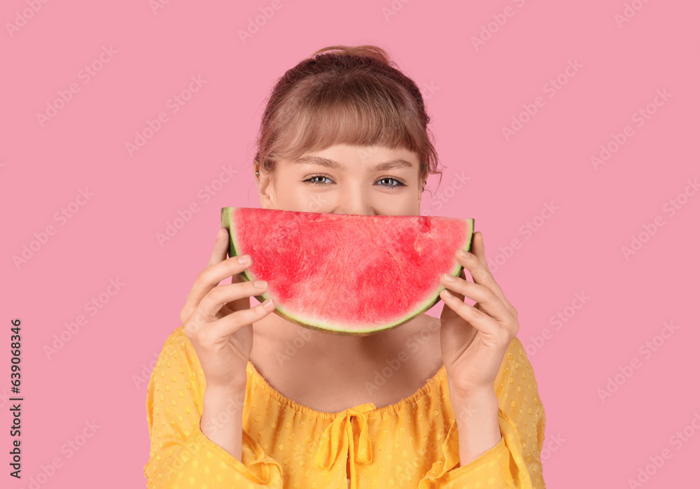 Young woman with fresh watermelon on pink background, closeup