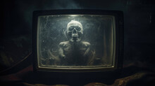 A Vaporcovered Television Set With A Macabre Skeleton Emblem Etched Onto The Frame Old Analog TV