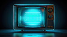 An Ancient TV Boasting A Rectangular Design And A Mesh Of Neon Blue Cables Replacing The Typical Antenna. Old Analog TV