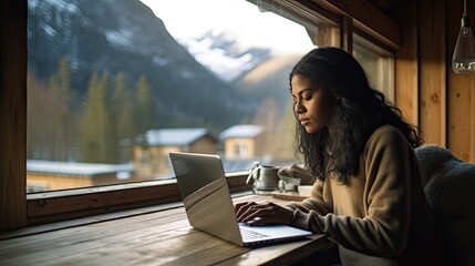 Wall Mural - Young black woman working on her laptop in a remote mountain village, concept of living as a digital nomad and entrepreneurship