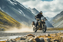 Male Biker On Motorcycle Rides Off-road In Mountains In Highlands, Beautiful Mountain Landscape, Clouds Sky, Autumn Season. Active Leisure, Travel, Sport Concept. Generative Ai .