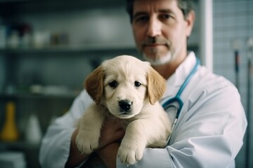 Wall Mural - Portrait of a veterinarian with a puppy in his arms. Focus on the dog.