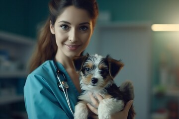 Wall Mural - Portrait of a young female veterinarian holding a cute puppy in her arms.