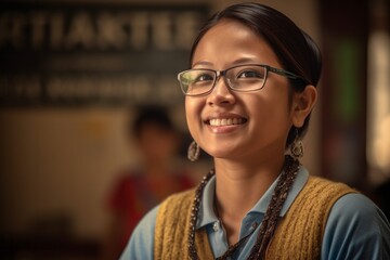 Canvas Print - Portrait of a beautiful Asian woman wearing glasses in a coffee shop