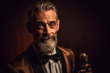 Wall Mural - Portrait of an old man in a tuxedo on a dark background.