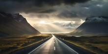 Straight Highway Leading To Majestic Mountain In Iceland