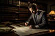 Group portrait photography of a dedicated lawyer working late into the night pouring over documents to build a strong case 