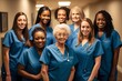© Anne Schaum - portrait of smiling nurse team standing in hospital corridor with senior patient