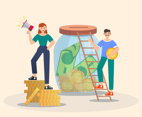 Fundraising activity. Woman with loudspeaker announcing collection and man putting coin into big jar on beige background. Vector illustration