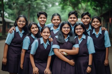 group of indian students in school uniform smiling and looking at camera