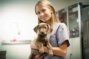 Wall Mural - Young female veterinarian holding a cute puppy in her arms. Focus on the dog