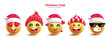 Christmas emoji characters vector set design. Christmas emojis character wearing santa hat with funny, cute and naughty facial expression isolated in white background. Vector illustration yellow emoti