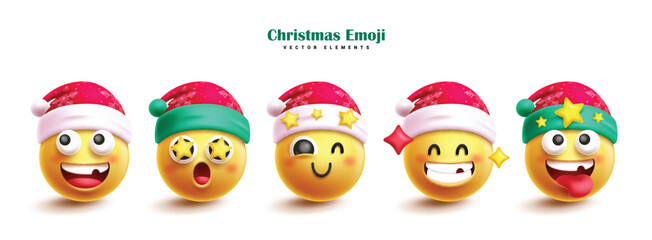 Poster - Christmas characters emoji vector set design. Emojis characters elements for christmas holiday season emoticon collection. Vector illustration xmas season cute cartoon.
