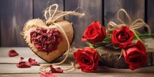 Two Red Hearts With Bouquet Of Dry Roses On Wooden Background