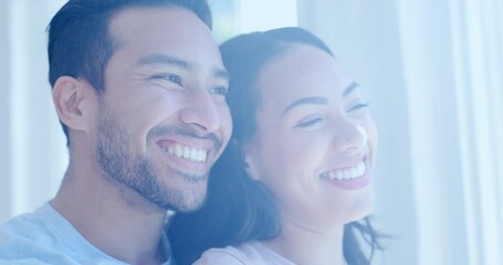 Poster - Face, window and a couple laughing in the bedroom of their home together while looking happy in the morning. Relax, smile or love with a man and woman waking up to a bright view in their apartment