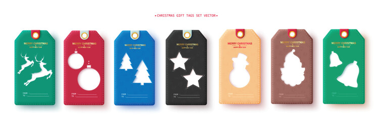 christmas gifts tags vector set design. merry christmas and happy new year greeting tags with paper 