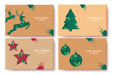 Wall Mural - Christmas brown tags vector banner set design. Merry christmas greeting text in brown color space with paper cut style elements decoration. Vector illustration greeting card collection.
