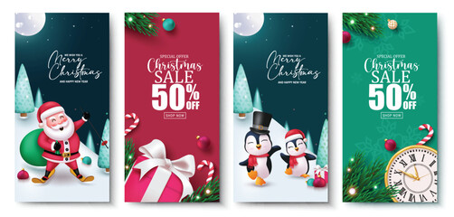 Christmas sale vector poster set design. Merry christmas and happy new year greeting text with xmas characters for holiday season background. Vector illustration xmas postcard collection.
