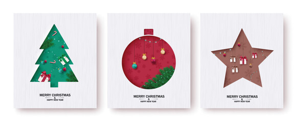 Wall Mural - Merry christmas text poster set design. Christmas greeting card with pine tree, xmas ball and star shape cut out tags for holiday season card collection. Vector illustration postcard collection.
