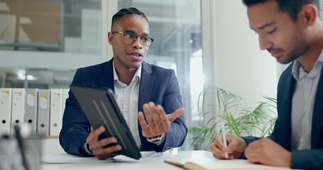 Aufkleber - Teamwork, tablet or business people in meeting for sales report, vision or data analysis in office. Leadership, Asian businessman or African manager talking, planning or speaking of online analytics