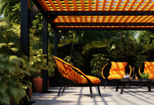 A 3d Rendering Of An Outdoor Area With Trellised Arbor And Furniture, Idea For Outdoor Exterior