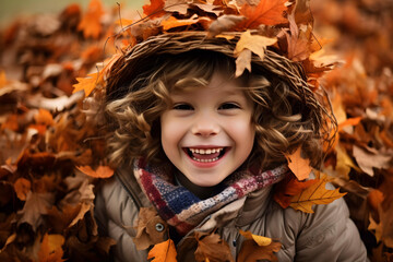 Leaf Pile Delight. a child playing in piles of fallen leaves with genuine smiles and laughter. the joy of autumn. 