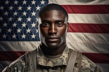Portrait Of A African American Soldier With The American Flag Behind Him Symbolizing Patriotism And Service To The Country