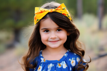 Young girl with blue dress. She has a yellow bow in her hair with red and orange flowers on it