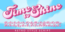A Retro Style Bold Script Alphabet With Vintage Stripe Effects And A Fun 1970s Pink And Blue Color Scheme
