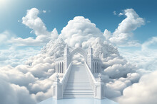 Generative AI Image Of White Stairs Leading Up To Heaven Gate With Clouds In Blue Sky
