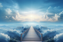 Generative AI Image Of Bridge To Heaven Among The Clouds With Bright Blue Sky Background