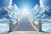 Generative AI Image Of Stairs Leading Up To Heaven Gate With Bright Light In Blue Sky
