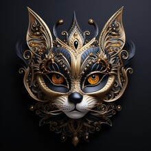 Handmade Jewelry Mask In The Form Of A Muzzle Of A Cat For The Festival Inlaid With Gold And Crystals, Painted With Enamel, In The Form Of A Muzzle Of A Cat
