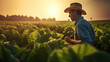 A male agronomist farmer in a tobacco field at sunset. Young farmers and tobacco.