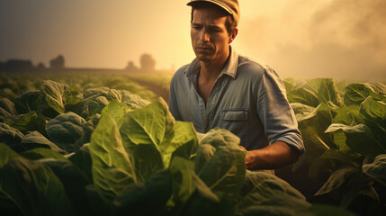 A male agronomist farmer in a tobacco field at sunset. Young farmers and tobacco.