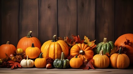 Wall Mural - A colorful display of pumpkins, pumpkins and leaves sitting in a row on wooden background. Space for text. Generative AI.