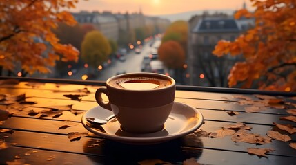 A cup of coffee on a table overlooking an autumn city view. Generative AI.