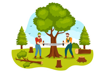 Wall Mural - Men Chopping Wood and Cutting Tree with Lumberjack Work Equipment Machinery or chainsaw in Flat Cartoon Background Templates Vector Illustration