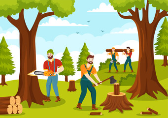 Wall Mural - Men Chopping Wood and Cutting Tree with Lumberjack Work Equipment Machinery or chainsaw in Flat Cartoon Background Templates Vector Illustration