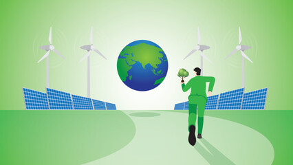 Wall Mural - Back view of a businessman runs with a tree to the earth. Alternative renewable energy, Wind turbine generator power, solar cells panel, plant a tree, Sustainable and environmental concern concept.