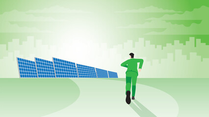 Wall Mural - Back view of businessman runs aim to target goal. solar cells in a city. ESG, Renewable, Alternative, Sustainable Environmental policy, Carbon footprint reduction, Net zero emission and green convept.