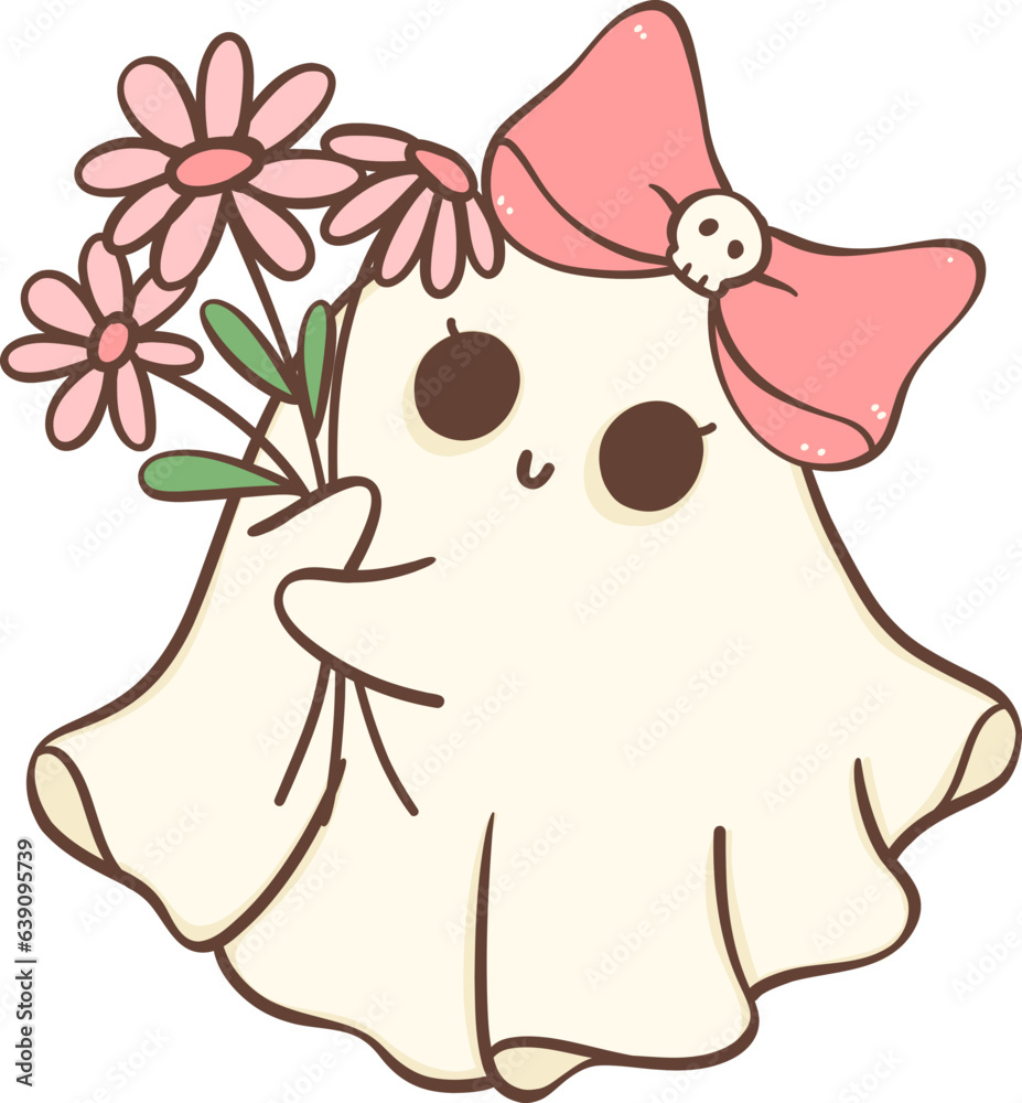 Cute Pink Halloween ghost girl with flower cartoon doodle Stock Vector ...