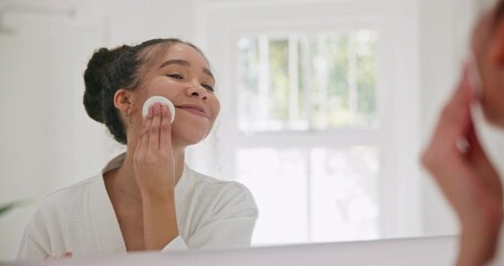 Canvas Print - Mirror, skincare and happy woman with cotton swab for face, cleaning or cosmetic application at home. Beauty, reflection and female with facial pad for wellness, toner or hyaluronic acid in bathroom