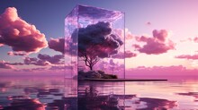 Fantasy World, Futuristic Fantasy With Of The Sky And Pink Clouds. Purple Tree In Transparent Box For Romance On Surreal Beautiful Dream Land Background. Generated AI